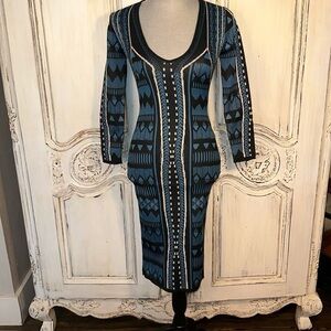 Jealous Tomato Geo Graphic Long Sleeve Deep V Neck Body con Knit Dress Size S